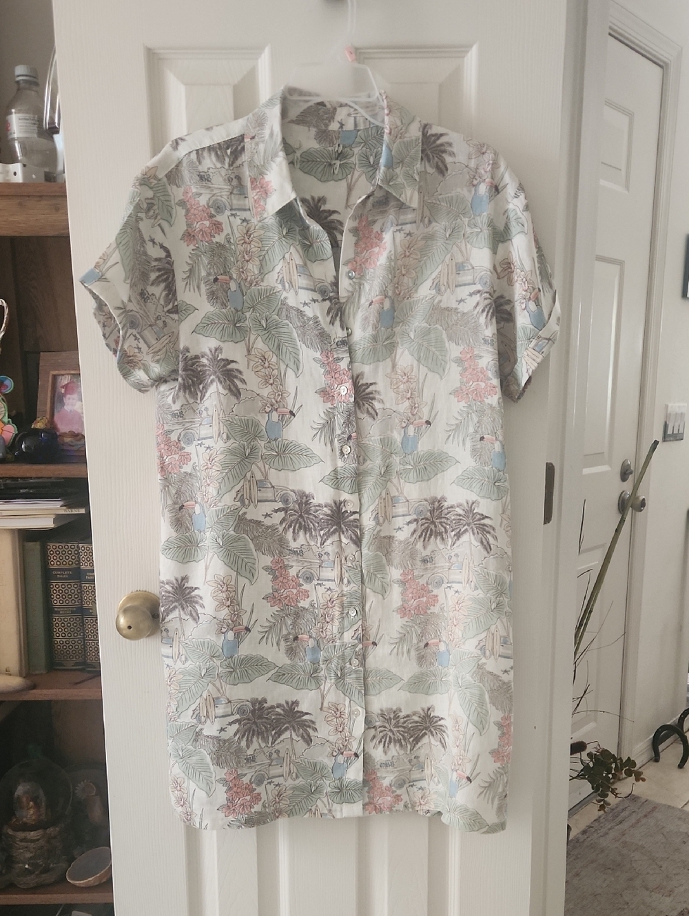 Tropical Print Short-Sleeve Linen Shirtdress